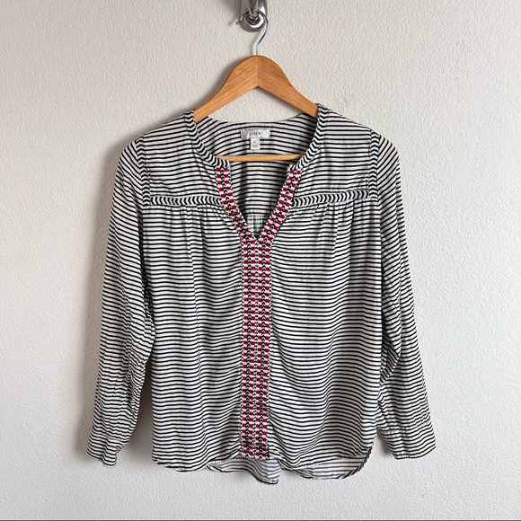 J. Crew Embroidered Embellished Cream Striped Long Sleeve Blouse - Picture 3 of 14